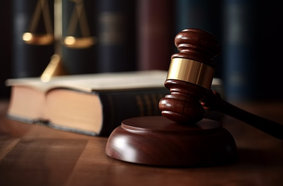 Dark wooden gavel with gold center resting on a matching wooden sound block in front of a book.