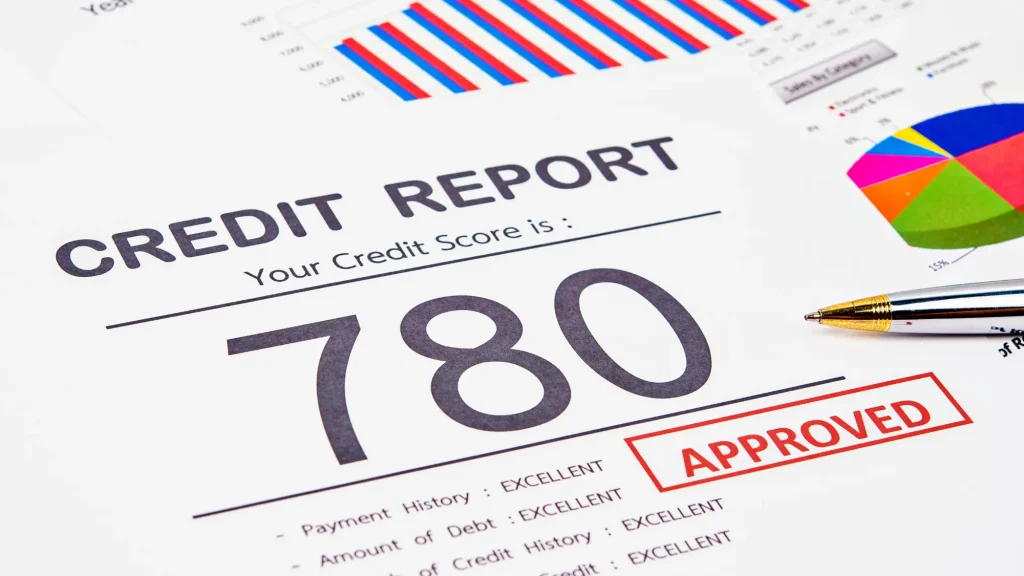 Paperwork with a credit report showing a high score.