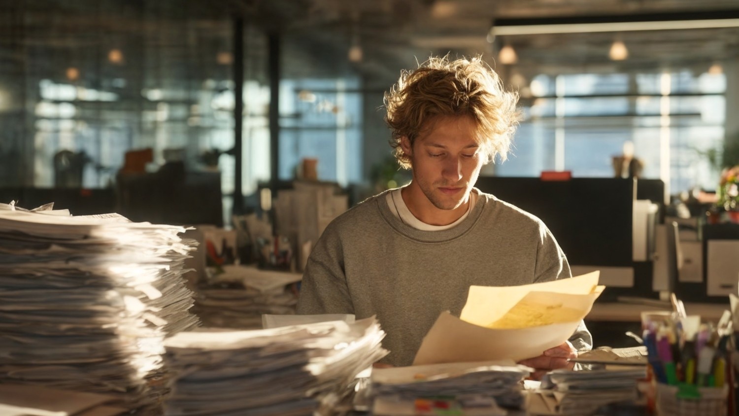 A man searches through stacks of paperwork looking for a lost note. A man searches through stacks of paperwork looking for a lost note.
