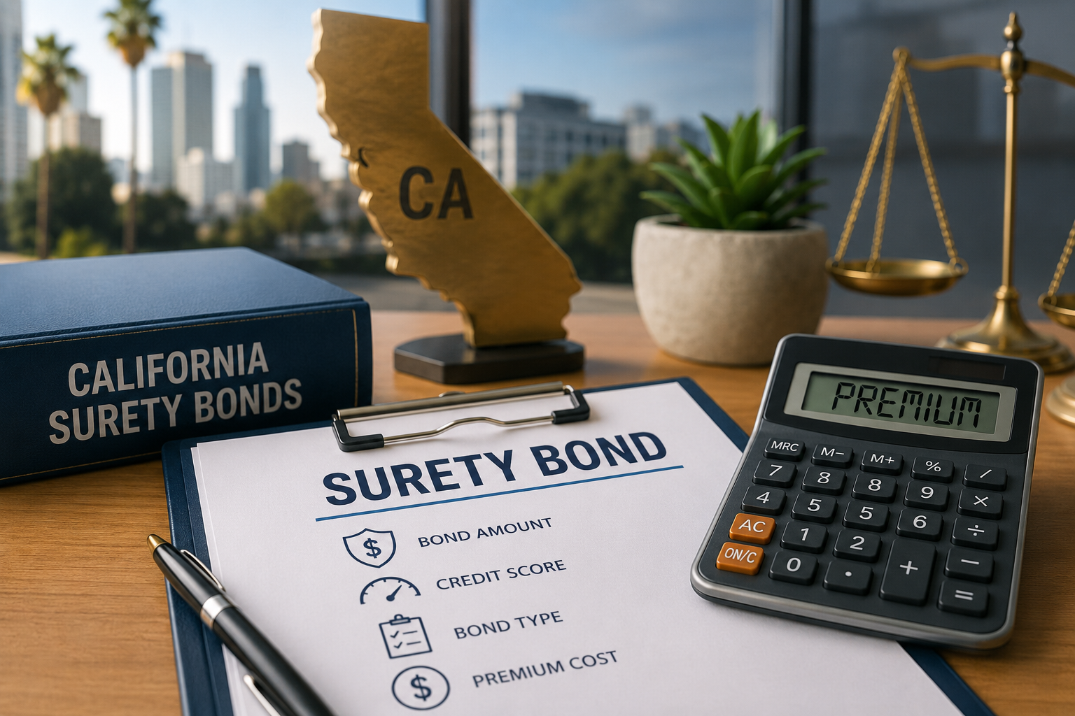 California surety bond paperwork, calculator, and office workspace representing factors that affect bond premiums. California surety bond paperwork, calculator, and office workspace representing factors that affect bond premiums.